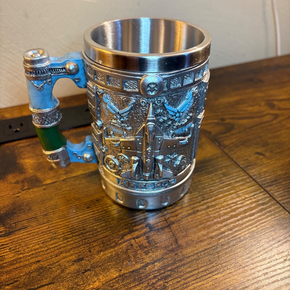 US Air Force Fighter Jet Beer Stein Silver Military Mug 3D Relief